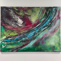 DeeWeeTableau abstrait - peinture au couteau avec relief vert 80X60, peinture acrylique, pièce unique signée